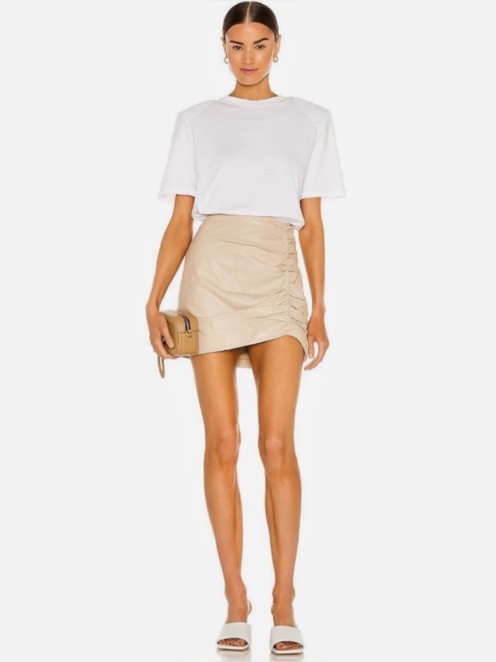 LAMARQUE Aricia Lambskin Leather Side-Ruched Mini Skirt Beige Size 2